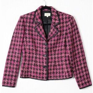 Neiman Marcus Pink & Black Plaid Tweed Blazer Coat Size 8 Made in USA Braid Trim